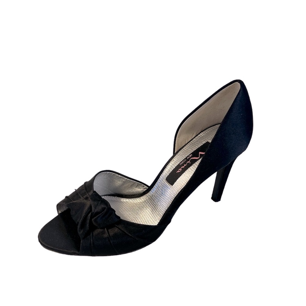 Nina New York Kyleen Luster Black Satin High Heels Knotted Peep Toes Size 7.5M